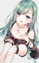 Rule 34 | 1girl, bangle, black nails, black shorts, bracelet, breasts, bustier, cleavage, collarbone, ear piercing, earrings, fishnets, gem, green hair, heart o-ring, highres, jewelry, large breasts, long hair, looking at viewer, looking up, mole, mole on breast, nail polish, necklace, open mouth, piercing, pome charo, purple eyes, shorts, simple background, sitting, solo, swept bangs, thigh strap, virtual youtuber, vspo!, yakumo beni, yakumo beni (1st costume)