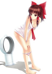 Rule 34 | 1girl, artistic error, ascot, bad id, bad pixiv id, bare legs, barefoot, bladeless fan, breasts, brown eyes, brown hair, chemise, cleavage, dyson (company), fanning crotch, hair ribbon, hair tubes, hakurei reimu, highres, leaning forward, naked shirt, panties, panty pull, ribbon, shirt, small breasts, solo, striped clothes, striped panties, touhou, underwear, v arms, zi se