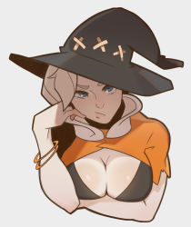 Rule 34 | 1girl, blonde hair, blue eyes, bracelet, breasts, cleavage, hat, jewelry, large breasts, mercy (overwatch), overwatch, overwatch 1, solo, splashbrush, witch hat, witch mercy