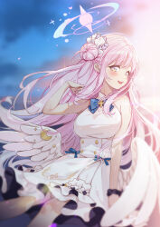 Rule 34 | 1girl, :d, absurdres, angel wings, arm support, blue archive, blunt bangs, blurry, breasts, cloud, cloudy sky, commentary request, depth of field, dress, facing away, feathered wings, frilled dress, frills, hair bun, hair ornament, halo, highres, large breasts, long hair, looking at viewer, looking to the side, mika (blue archive), one side up, open mouth, picter, pink hair, playing with own hair, school uniform, scrunchie, sidelocks, single side bun, sitting, sky, sleeveless, smile, solo, twilight, white dress, white wings, wind, wings, yellow eyes