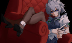 Rule 34 | 1girl, absurdres, bad id, bad pixiv id, between fingers, black pantyhose, blue eyes, braid, couch, crossed ankles, dark background, grey hair, highres, holding, izayoi sakuya, jiuchong qing, knife, legs up, light smile, maid headdress, pantyhose, short hair with long locks, sitting, solo, throwing knife, touhou, twin braids, weapon
