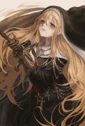 Rule 34 | 1girl, black eyes, bleeding, blonde hair, blood, bloody weapon, gauntlets, gold can, habit, hair between eyes, highres, holding, holding sword, holding weapon, impaled, nun, original, solo, suicide, sword, weapon