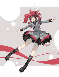 Rule 34 | 1girl, blush, boots, bow, cross-laced footwear, esy, full body, hair bow, highres, kasane teto, kasane teto (sv), lace-up boots, long hair, long sleeves, midriff, open mouth, outstretched arms, red eyes, red hair, skirt, solo, synthesizer v, twintails, utau