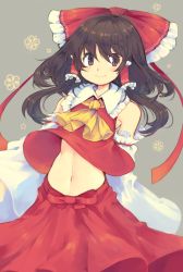 Rule 34 | 1girl, ascot, bare shoulders, black hair, bow, clothes lift, detached sleeves, hair bow, hair tubes, hakurei reimu, iroyopon, long hair, long sleeves, looking at viewer, midriff, navel, purple eyes, shirt, shirt lift, simple background, skirt, skirt set, smile, solo, touhou, wide sleeves, wind, wind lift