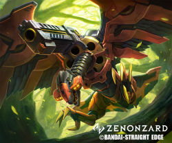 Rule 34 | animal focus, bird, company name, copyright name, day, forest, green background, gun, mecha, mechanical wings, nature, no humans, official art, outdoors, robot, tory youf, watermark, weapon, wings, zenonzard