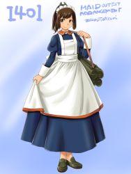 Rule 34 | 1girl, adapted costume, alternate costume, apron, blue background, blue dress, brown eyes, brown footwear, brown hair, character name, collared shirt, dress, enmaided, full body, gradient background, hair ornament, hairclip, hangar, i-401 (kancolle), kantai collection, loafers, maid, maid headdress, no socks, ponytail, shirt, shoes, short hair, short ponytail, skirt hold, solo, standing, tan, tatsumi ray, tube, twitter username, white apron