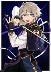 Rule 34 | 1boy, :o, absurdres, ahoge, armor, bishounen, blue eyes, chinese armor, chinese clothes, commentary request, cowboy shot, fate/grand order, fate (series), gloves, gold trim, grey hair, hair between eyes, highres, holding, holding sword, holding weapon, long sleeves, looking away, male focus, no mask, open mouth, pants, prince of lan ling (fate), serious, short hair, solo, sword, tassel, tate yukimi, teeth, upper teeth only, weapon