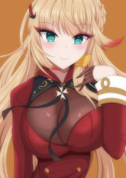 Rule 34 | 1girl, azur lane, blonde hair, blue eyes, bodysuit, braid, breasts, cleavage, commentary request, dress, gloves, hair ornament, highres, howe (azur lane), large breasts, long hair, looking at viewer, mizukagi yakuhina, multicolored hair, solo