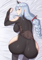 Rule 34 | 1girl, absurdres, ass, ass focus, band-width, bed sheet, black bodysuit, blue eyes, blue hair, bodysuit, braid, breasts, genshin impact, hair ornament, highres, large breasts, long hair, low-braided long hair, low-tied long hair, open mouth, ponytail, shenhe (genshin impact), solo, thighs