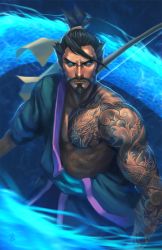 Rule 34 | 1boy, beard, bow (weapon), facial hair, hanzo (overwatch), male focus, overwatch, overwatch 1, serious, solo, tagme, weapon
