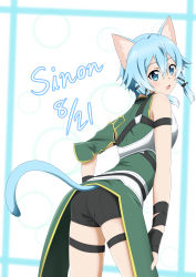 Rule 34 | 1girl, absurdres, animal ears, armor, ass, bare shoulders, black shorts, blue eyes, blue hair, breastplate, cat ears, cat tail, character name, commentary request, dated, from behind, gloves, green jacket, hair between eyes, hair ribbon, highres, jacket, ken-ji, looking at viewer, open mouth, ribbon, short hair, short hair with long locks, short shorts, shorts, sidelocks, sinon (sao-alo), solo, sword art online, tail