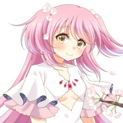 Rule 34 | 1girl, arisu (mikannjs), bad id, bad pixiv id, bow, cherry blossoms, dress, frilled dress, frills, hair bow, hair ribbon, highres, kaname madoka, long hair, mahou shoujo madoka magica, mahou shoujo madoka magica (anime), pink hair, ribbon, smile, solo, two side up, ultimate madoka, white dress, yellow eyes