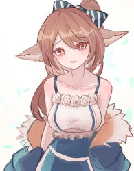 Rule 34 | 1girl, absurdres, animal ears, arknights, bare shoulders, blue bow, blue jacket, bow, breasts, brown eyes, brown hair, collarbone, commentary request, dress, eyelashes, fox ears, hair bow, highres, jacket, looking at viewer, medium hair, off shoulder, open clothes, open jacket, open mouth, parted bangs, perfumer (arknights), ponytail, shino duka, simple background, sleeveless, sleeveless dress, small breasts, smile, solo, striped, striped bow, upper body, white background, white dress