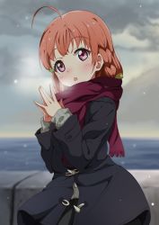 Rule 34 | 1girl, :o, ahoge, black coat, blurry, blurry background, blush, braid, breath, clover hair ornament, coat, commentary request, duffel coat, four-leaf clover hair ornament, fringe trim, hair ornament, hair ribbon, head tilt, highres, horizon, kei (0497), long sleeves, love live!, love live! sunshine!!, medium hair, motion blur, nose blush, ocean, open mouth, own hands together, pink eyes, purple scarf, ribbon, scarf, side braid, snowing, solo, takami chika, upper body, winter, winter clothes, winter coat, yellow ribbon