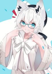 Rule 34 | 1girl, absurdres, ahoge, animal ear fluff, animal ears, beret, black hat, black ribbon, blue-framed eyewear, blue eyes, bow, bowtie, braid, clenched teeth, commentary, english commentary, fingers to cheeks, fox ears, fox girl, gosong, hair between eyes, hair ribbon, hands up, hat, highres, hololive, long sleeves, looking at viewer, official alternate costume, ribbon, shirakami fubuki, shirakami fubuki (street), shirt, sidelocks, single braid, smile, solo, teeth, virtual youtuber, white bow, white bowtie, white hair, white shirt, wide sleeves