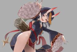 Rule 34 | 1girl, black dress, blush, bob cut, braid, braided hair rings, breasts, chinese clothes, covered navel, dress, eyeliner, fang, fate/grand order, fate (series), fingernails, hair rings, hat, heroic spirit festival outfit, highres, horns, jiangshi, long fingernails, long sleeves, looking at viewer, makeup, mx2j, ofuda, oni, open mouth, outstretched arms, pelvic curtain, purple eyes, purple hair, qingdai guanmao, sash, sharp fingernails, short hair, shuten douji (fate), shuten douji (festival outfit) (fate), side slit, skin-covered horns, small breasts, smile, talisman, thighs, twin braids, wide sleeves, zombie pose