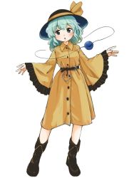 Rule 34 | 1girl, :o, adapted costume, black footwear, black hat, blush, boots, contrapposto, full body, green eyes, green hair, hat, itatatata, komeiji koishi, long sleeves, open mouth, outstretched arms, simple background, skirt, sleeves past wrists, solo, third eye, touhou, white background, wide sleeves