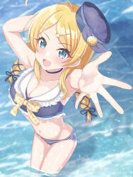 1girl ahoge bikini blonde_hair blue_bikini blue_choker blue_eyes blush braid breasts choker cleavage hachimiya_meguru hair_ornament hairpin highres idolmaster idolmaster_shiny_colors keshi_kado large_breasts long_hair open_mouth outstretched_hand smile solo striped_bikini striped_clothes swimsuit twin_braids wading water