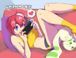 Rule 34 | 1girl, aiba ami, blue eyes, breasts, digimon, digimon story: cyber sleuth, heart, horn, large breasts, nintendo switch, red hair, side ponytail, supermondobeat, terriermon