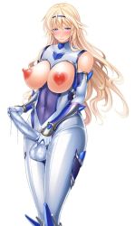 Rule 34 | 00s, 1girl, blonde hair, blue eyes, bodysuit, breast cutout, breasts, bulge, covered erect nipples, erection, erection under clothes, futanari, hairband, heart pasties, kuroda tomoe, large breasts, legs, lilith-soft, long hair, looking at viewer, nipples, no bra, pasties, penis, see-through, solo, sweat, taimanin (series), taimanin asagi, taimanin asagi kessen arena, tana (garyuh-chitai), testicles, upturned nipples