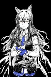Rule 34 | 1girl, absurdres, arknights, black background, blue gloves, closed mouth, collared shirt, cowboy shot, cropped legs, fingerless gloves, gloves, greyscale, highres, long hair, looking at viewer, monochrome, partially colored, shirt, simple background, sketch, solo, texas (arknights), texas the omertosa (arknights), vellion00, vest, yellow eyes