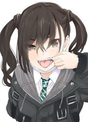 Rule 34 | 1girl, brown eyes, brown hair, hair between eyes, idolmaster, idolmaster cinderella girls, jacket, long hair, looking at viewer, mask, mask pull, mole, mole under eye, mouth mask, mouth pull, necktie, open mouth, sharp teeth, simple background, solo, sunazuka akira, surgical mask, teeth, tetsujin momoko, tongue, tongue out, twintails, upper body, white background