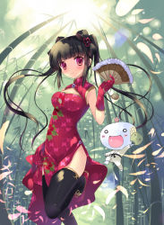 Rule 34 | 1girl, bad id, bad pixiv id, bamboo, bamboo forest, black hair, black thighhighs, blush, breasts, china dress, chinese clothes, dougi, dress, folding fan, forest, gloves, hair ornament, hand fan, impossible clothes, karate gi, leg lift, legs, long hair, nature, o o, original, paper fan, petals, pink eyes, side slit, solo, source request, sousouman, thighhighs, twintails, uchiwa