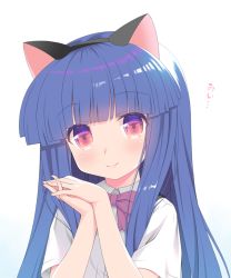 Rule 34 | 1girl, animal ears, blue hair, blunt bangs, bow, bowtie, cat ears, eyes visible through hair, fake animal ears, furude rika, gaou (babel), hairband, higurashi no naku koro ni, long hair, looking at viewer, own hands together, pink bow, pink bowtie, red eyes, shirt, short sleeves, simple background, smile, solo, upper body, white background, white shirt