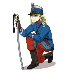 Rule 34 | 1girl, anyan (jooho), black footwear, blonde hair, blue eyes, blue hat, blue jacket, boots, brown gloves, frown, full body, gloves, hat, highres, holding, holding weapon, jacket, korean commentary, long hair, long sleeves, military, military uniform, mixed-language commentary, on one knee, original, pants, pants tucked in, ponytail, red pants, sheath, sheathed, simple background, solo, spurs, sword, uniform, weapon, white background, world war i