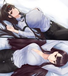 Rule 34 | 2girls, absurdres, belt, black belt, black neckwear, black pants, blouse, bra visible through clothes, breasts, brown hair, closed mouth, collared shirt, dsr-50 (girls&#039; frontline), girls&#039; frontline, highres, huge filesize, kimi (hearty yuuki), large breasts, long hair, looking at viewer, lying, medium breasts, multiple girls, necktie, on back, pants, purple hair, red eyes, shirt, simple background, smile, very long hair, wa2000 (girls&#039; frontline), white shirt