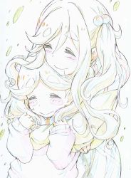 Rule 34 | 2girls, absurdres, blush stickers, closed eyes, closed mouth, color trace, colored pencil (medium), commentary, eyebrows, facing viewer, fang, hair bobbles, hair ornament, highres, hug, hug from behind, inuyama akari, inuyama aoi, kitazinger, long hair, long sleeves, multiple girls, one side up, open mouth, scarf, siblings, simple background, sisters, skin fang, smile, sweater, thick eyebrows, traditional media, upper body, yurucamp