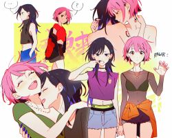 Rule 34 | ..., 2girls, ?, black hair, blue nails, blush, closed eyes, clothes around waist, crop top, highres, holding hands, jacket, jacket around waist, jewelry, kororon (song), long hair, multicolored hair, multiple girls, multiple views, navel piercing, necklace, open mouth, piercing, pink hair, pink nails, red shirt, shirt, short hair, shorts, speech bubble, streaked hair, tikklil, yuri