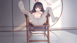 Rule 34 | 1girl, absurdres, anus, black hair, blunt bangs, blush, breasts, chair, chun&#039;ai zhanshen milili, cleft of venus, collarbone, feet, foot focus, genshin impact, grey pantyhose, highres, licking, licking finger, long hair, looking at viewer, lying, navel, nipples, no shoes, on back, pantyhose, pussy, red eyes, see-through, see-through legwear, small breasts, soles, solo, teeth, toes, tongue, tongue out, topless, upper teeth only, yun jin (genshin impact)