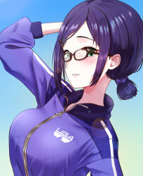 Rule 34 | 1girl, a-chan (3rd costume) (hololive), a-chan (hololive), a-chan (off-work) (hololive), absurdres, ar-khey, arm up, black-framed eyewear, blue hair, blue jacket, blush, breasts, glasses, green eyes, highres, hololive, jacket, looking at viewer, low ponytail, medium breasts, official alternate costume, short hair, smile, solo, triangle hair ornament, virtual youtuber