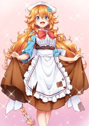 Rule 34 | 1girl, absurdres, apron, blue eyes, blush, bow, braid, breasts, brown dress, commentary, cowboy shot, dress, flower, gradient background, hair between eyes, hair flower, hair ornament, hat, highres, huge filesize, large bow, long hair, looking at viewer, maid apron, medium breasts, nijisanji, open mouth, orange hair, otogibara era, pink background, red bow, simple background, skirt hold, smile, solo, sparkle background, takahan, virtual youtuber, wavy hair, white bow, white hat