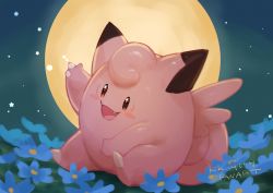 Rule 34 | :d, blue flower, blush stickers, clefairy, commentary request, creatures (company), fang, flower, game freak, gen 1 pokemon, happy, highres, kikuyoshi (tracco), moon, night, nintendo, no humans, open mouth, outdoors, pokemon, pokemon (creature), signature, sitting, sky, smile, solo, tongue