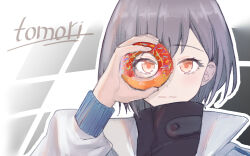 Rule 34 | 1girl, bang dream!, bang dream! it&#039;s mygo!!!!!, black jacket, character name, closed mouth, commentary, doughnut, expressionless, food, grey background, grey hair, grey jacket, highres, holding doughnut, jacket, looking at viewer, looking through doughnut, mangoshaobing, open clothes, open jacket, red eyes, short hair, solo, takamatsu tomori, upper body, white background
