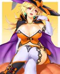 Rule 34 | 1girl, black thighhighs, blonde hair, blush, boots, breasts, cape, cleavage, crossed legs, earrings, elbow gloves, gloves, hat, jewelry, large breasts, long hair, looking at viewer, navel, onsoku inu, open mouth, original, panties, side-tie panties, sitting, smile, solo, thighhighs, underwear, white gloves, white thighhighs, witch hat