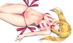 Rule 34 | 1girl, bikini, blonde hair, blush, breasts, cleavage, closed mouth, commentary request, criss-cross halter, fate/grand order, fate (series), fingernails, green eyes, groin, hair between eyes, halterneck, large breasts, long hair, looking at viewer, lying, navel, nero claudius (fate), nero claudius (fate) (all), nero claudius (swimsuit caster) (fate), on back, red bikini, shadow, side-tie bikini bottom, sidelocks, siroimo0828, solo, striped bikini, striped clothes, swimsuit, twintails, white background
