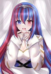 Rule 34 | 1girl, :d, alear (female) (fire emblem), alear (fire emblem), blue eyes, blue hair, breasts, cleavage, crossed bangs, fire emblem, fire emblem engage, hair between eyes, heterochromia, highres, kirishima riona, long hair, long sleeves, looking at viewer, multicolored hair, nintendo, open mouth, red eyes, red hair, shirt, sleeves past wrists, smile, solo, split-color hair, tiara, two-tone hair, upper body, very long hair