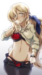 Rule 34 | 547th sy, blonde hair, blue eyes, bra, breasts, closed mouth, clothes lift, clothes pull, denim, gradient background, hair between eyes, highres, jeans, kantai collection, large breasts, lifting own clothes, long hair, long sleeves, looking at viewer, mole, mole under eye, mole under mouth, navel, official alternate costume, panties, pants, pants pull, pulling own clothes, red bra, red panties, richelieu (kancolle), shirt, shirt lift, solo, underwear, watch, white background, white shirt, wristwatch