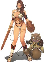 Rule 34 | 10s, 1girl, armband, ball and chain restraint, battle damage, bdsm, branwen (queen&#039;s blade), breasts, brown hair, collar, cracked shield, cracked sword, damaged ball and chain restraint, damaged shield, damaged sword, damaged weapon, goblin, goblin male, heterochromia, large breasts, leash, legs, long hair, long legs, oda non, queen&#039;s blade, queen&#039;s blade rebellion, sandals, scratched sword, shield, slave, solo, sword, tattoo, thighs, weapon