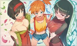 Rule 34 | 3girls, alternate color, amepa (ame pinecandy), black bodysuit, black hair, blue eyes, blunt bangs, blush, bodysuit, bodysuit under clothes, breasts, cleavage, creatures (company), crop top, erika (pokemon), game freak, green eyes, green kimono, hairband, hakama, highres, hime cut, japanese clothes, kimono, large breasts, long hair, looking at viewer, midriff, misty (pokemon), multiple girls, navel, nintendo, open mouth, orange hair, pokemon, pokemon (anime), pokemon (classic anime), pokemon frlg, pokemon lgpe, red eyes, red hairband, red hakama, sabrina (pokemon), second-party source, short hair, shorts, side ponytail, smile, suspenders, take your pick