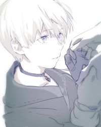 Rule 34 | 1boy, android, bad id, bad pixiv id, blue eyes, choker, collarbone, gloves, holding hands, ichinose777, male focus, nier (series), nier:automata, pale skin, short hair, solo focus, white background, white hair, 9s (nier:automata)