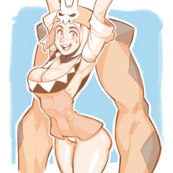 Rule 34 | 1girl, arms up, ass, blue background, breasts, cerebella (skullgirls), cleavage, detached collar, effy neprin, hat, highres, large breasts, looking at viewer, monochrome, open mouth, panties, skirt, skullgirls, smile, solo, thick thighs, thighs, underwear, vice-versa (skullgirls)