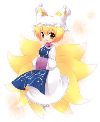 Rule 34 | 1girl, animal hat, bad id, bad pixiv id, blonde hair, female focus, fox tail, hands in opposite sleeves, hat, kiri futoshi, long sleeves, mob cap, multiple tails, open mouth, mob cap, short hair, solo, tabard, tail, tassel, touhou, white background, wide sleeves, yakumo ran