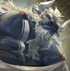 Rule 34 | 1boy, ancient greek clothes, animal ears, bara, bare pectorals, beard, blue fur, chest hair, closed eyes, cow ears, facial hair, foreshortening, from below, full beard, furry, furry male, greco-roman clothes, highres, kotei haijin, large pectorals, long beard, looking at viewer, male focus, mature male, meme, minotaur, muscular, muscular male, nipples, original, pectoral focus, pectorals, photo-referenced, second-party source, short hair, shy, solo, sweat, thick eyebrows, upper body, yur oc like this (meme)