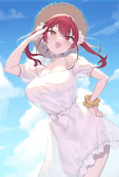Rule 34 | 1girl, :d, absurdres, alternate costume, bare shoulders, blue sky, blush, breasts, choker, cleavage, cloba, cloud, day, dress, hair ornament, hair scrunchie, hand up, hat, heterochromia, highres, hololive, houshou marine, large breasts, looking at viewer, medium hair, off shoulder, open mouth, outdoors, red eyes, red hair, salute, scrunchie, short sleeves, siblings, sky, smile, solo, straw hat, twins, virtual youtuber, white choker, white dress, white scrunchie, wrist scrunchie, yellow eyes, yellow scrunchie