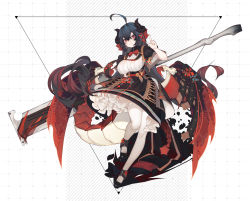 Rule 34 | 1girl, ahoge, black dress, black footwear, black hair, black horns, blood, bloody weapon, bow, bowtie, breasts, cross-laced clothes, cross-laced dress, dragon girl, dragon horns, dragon tail, dragon wings, dress, full body, gradient hair, hand up, highres, horns, index finger raised, large breasts, layered dress, long hair, looking at viewer, low wings, multicolored hair, original, pantyhose, rain lan, red bow, red bowtie, red eyes, red hair, red wings, short sleeves, slit pupils, solo, tail, turtleneck, two-tone hair, very long hair, weapon, weapon on back, weapon request, white background, white pantyhose, wide sleeves, wings