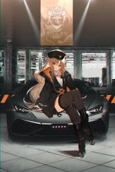 Rule 34 | 1girl, animal ears, arknights, blonde hair, boots, car, chromatic aberration, collared shirt, crossed legs, drill hair, fang, green eyes, hat, highres, jacket, long hair, motor vehicle, open mouth, shirt, sitting, smile, solo, soukou makura, swire (arknights), thighhighs, thighs, twin drills